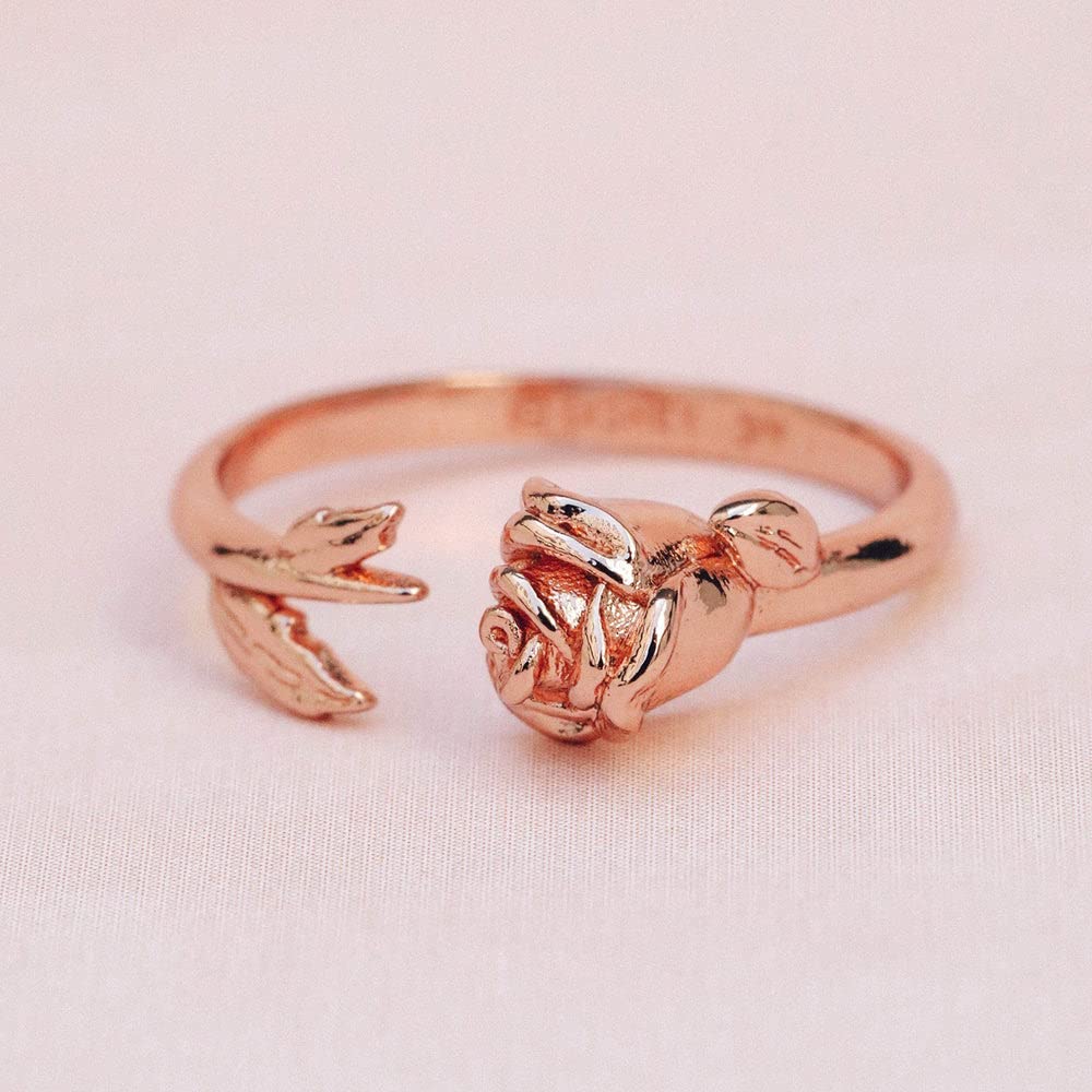 Pura Vida Rose Gold-Plated Disney Belle Rose Open Ring - Rosebud Charm, Brass Base - Size 5-9 - Image 5