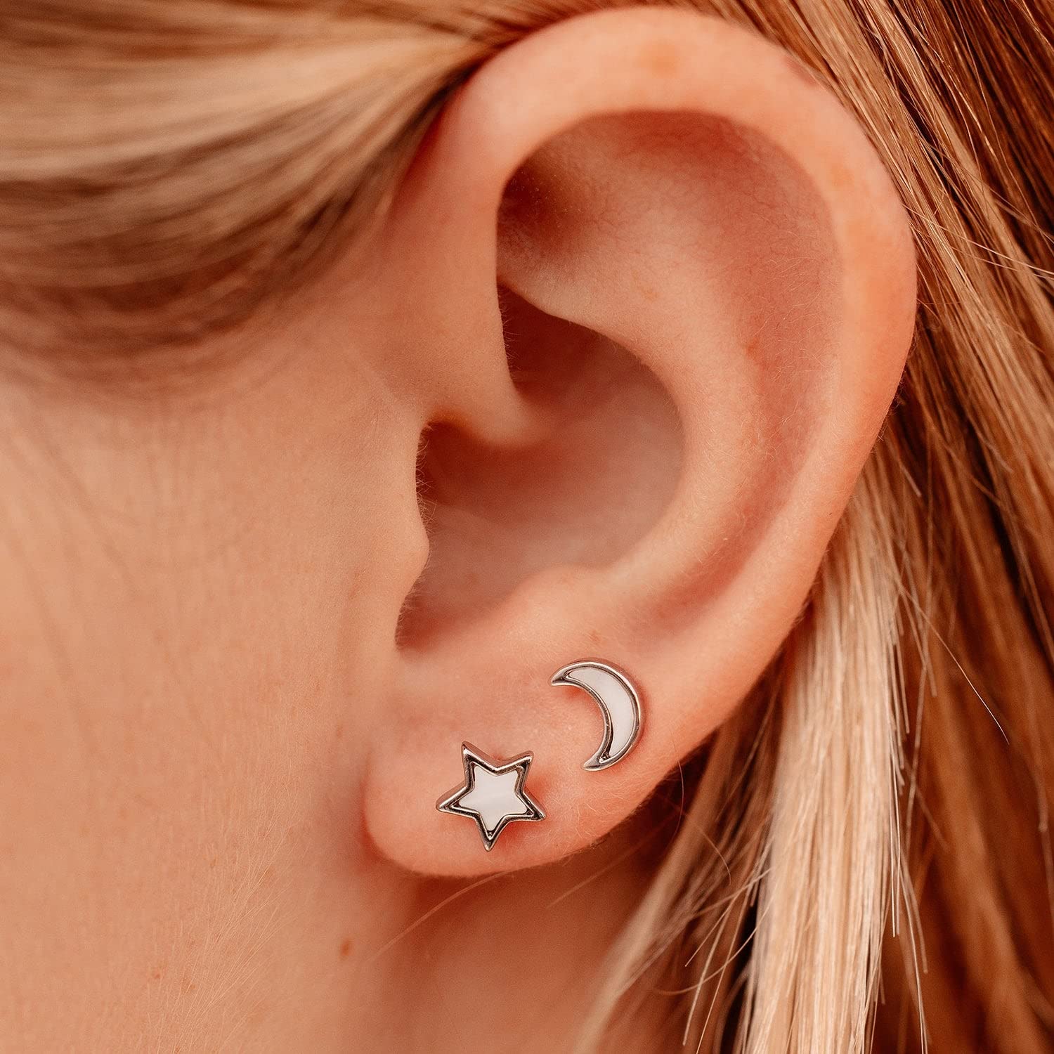 Pura Vida Silver/Gold Moon & Star Stud Earrings - Handmade Earrings with White Shell, Boho Earrings - Sterling Silver Earrings for Women, Statement Earrings for Women, Boho Jewelry for Women - 1 Pair - Image 3